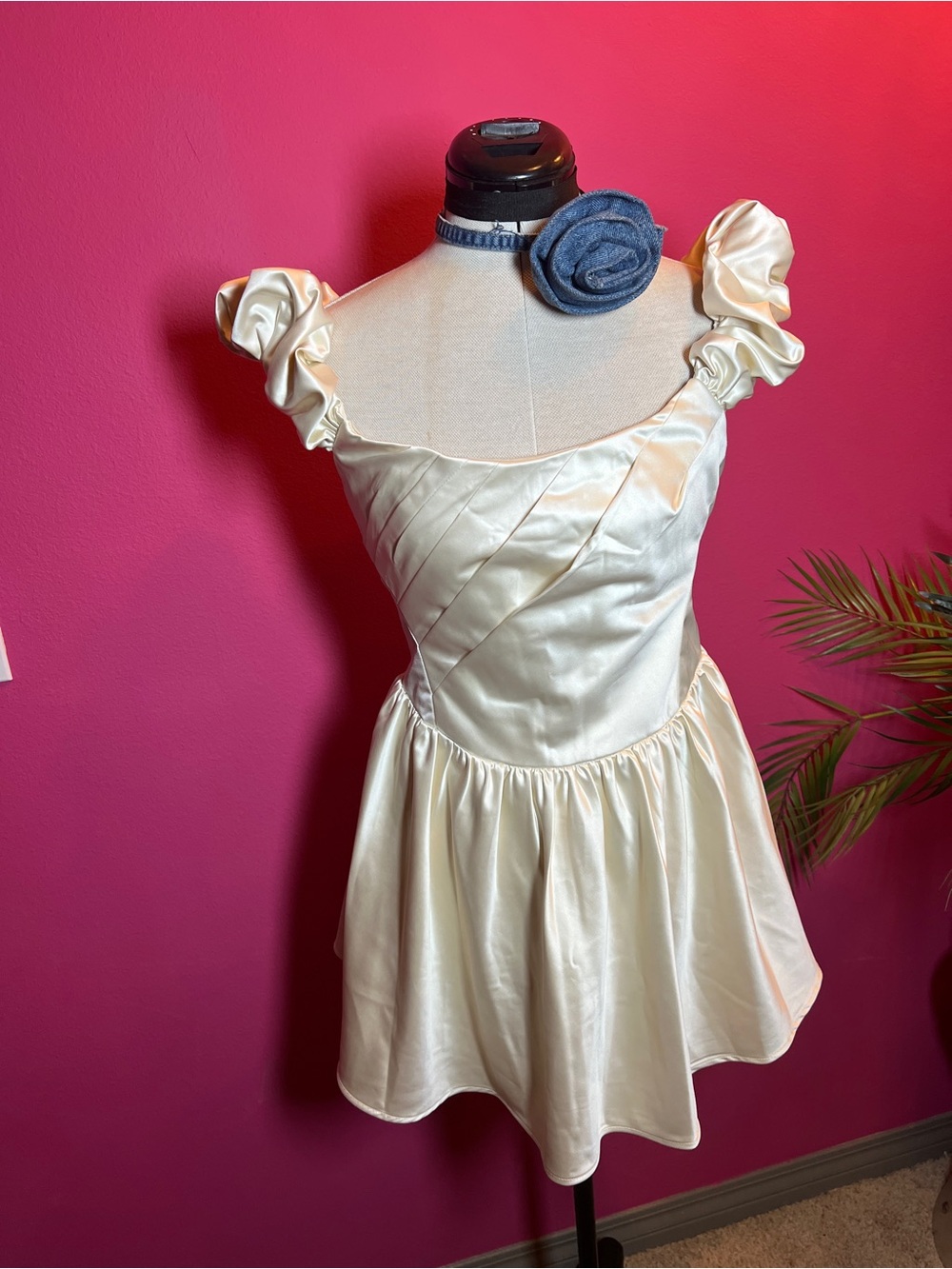LoveShackFancy Cream Satin Puff-Sleeve Mini Dress